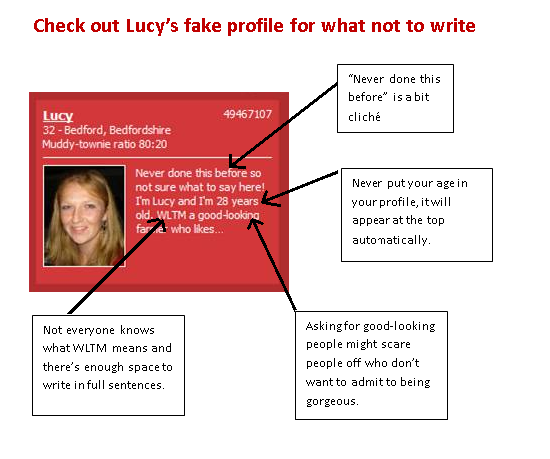 Example of dating profile with arrows pointing to common errors