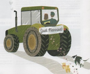 A drawing of married couple in a tractor with just married on the bumper