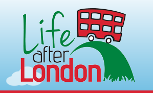 Life After London Logo featuring a red bus going down a green hill