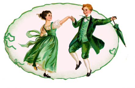 A drawing of a Victorian couple dressed in green dacing together