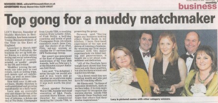 Newspaper clipping with a photo of MM's Lucy winning the Young Businesswoman of the Year award