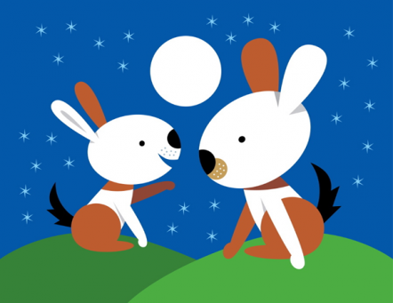 Two cartoon rabbits in facing each other in front of the moon