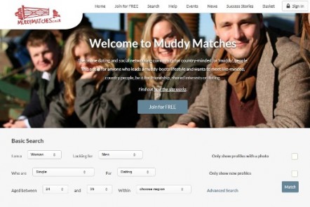 The homepage of the new Muddy Matches website, featuring 4 friends in country attire.