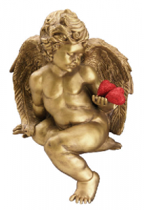 Gold coloured cupid statue holding a red heart shape