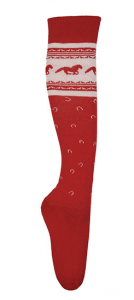 Red socks with horse shoes and horse print.