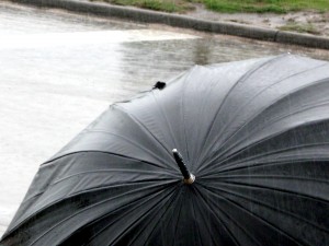 Close up of black umbrella in the rain.