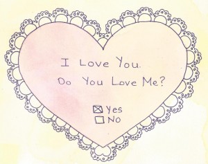 Doily effect heart with "I love you, do you love me?" written in it. Courtesy of Jade at Morguefile.
