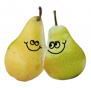 two pears with smiley faces